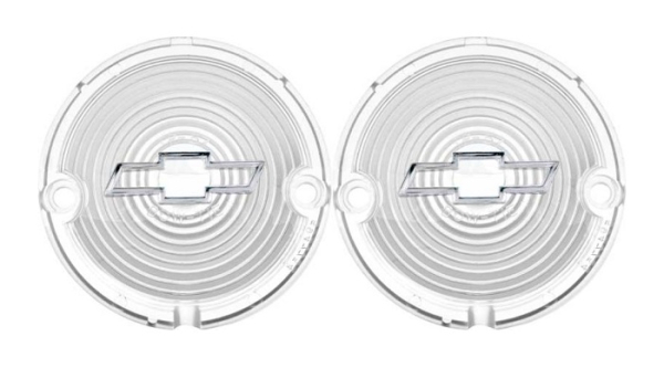 Park/Turn Lamp Lenses -Clear- with Chrome Bow Tie for 1957 Chevrolet Bel Air - Pair
