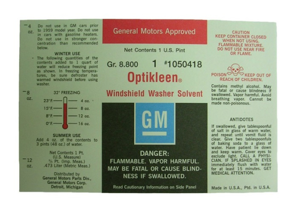 Etikett der Waschwasser-Flasche für 1962-67 Pontiac Grand Prix